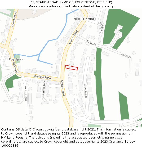 43, STATION ROAD, LYMINGE, FOLKESTONE, CT18 8HQ: Location map and indicative extent of plot