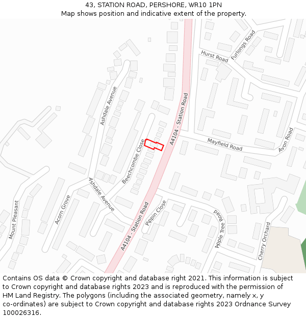 43, STATION ROAD, PERSHORE, WR10 1PN: Location map and indicative extent of plot