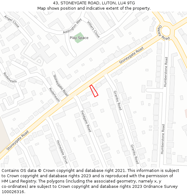 43, STONEYGATE ROAD, LUTON, LU4 9TG: Location map and indicative extent of plot