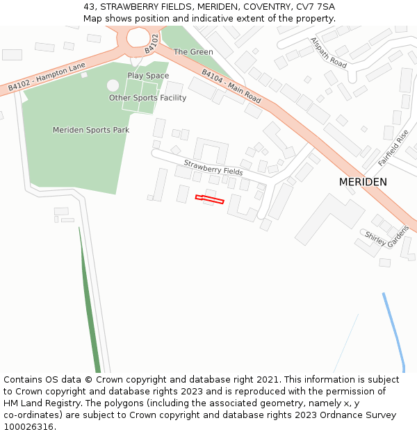 43, STRAWBERRY FIELDS, MERIDEN, COVENTRY, CV7 7SA: Location map and indicative extent of plot