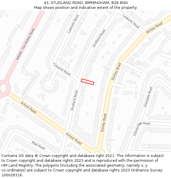 43, STUDLAND ROAD, BIRMINGHAM, B28 8NN: Location map and indicative extent of plot