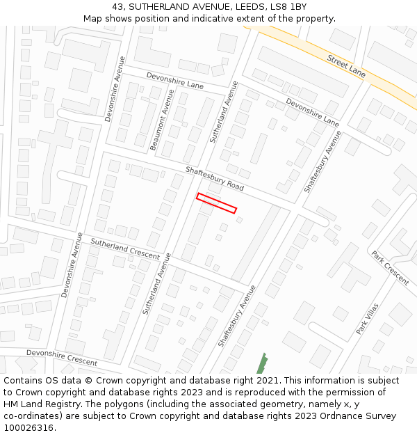 43, SUTHERLAND AVENUE, LEEDS, LS8 1BY: Location map and indicative extent of plot