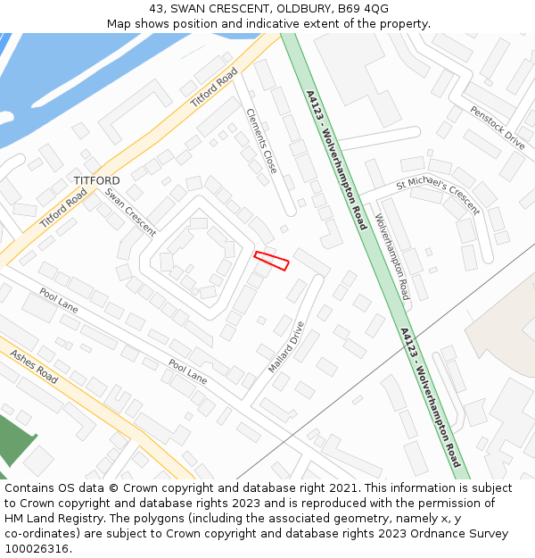 43, SWAN CRESCENT, OLDBURY, B69 4QG: Location map and indicative extent of plot