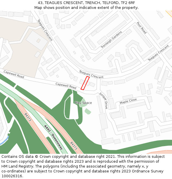 43, TEAGUES CRESCENT, TRENCH, TELFORD, TF2 6RF: Location map and indicative extent of plot