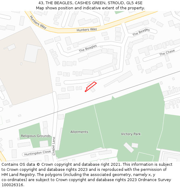 43, THE BEAGLES, CASHES GREEN, STROUD, GL5 4SE: Location map and indicative extent of plot