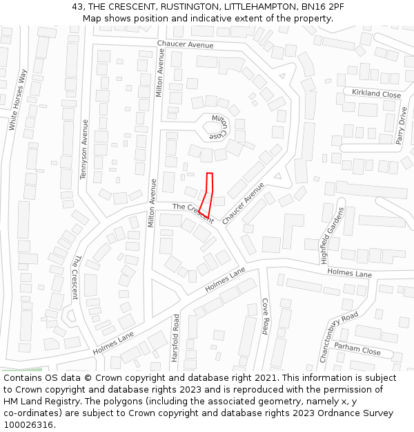 43, THE CRESCENT, RUSTINGTON, LITTLEHAMPTON, BN16 2PF: Location map and indicative extent of plot