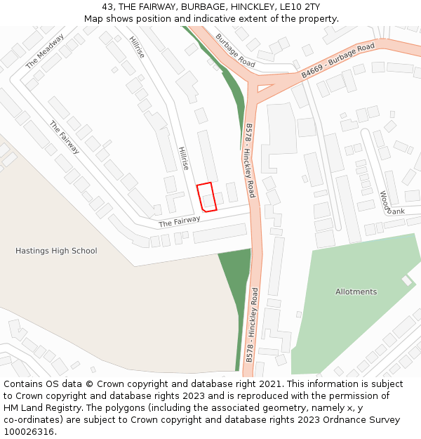 43, THE FAIRWAY, BURBAGE, HINCKLEY, LE10 2TY: Location map and indicative extent of plot