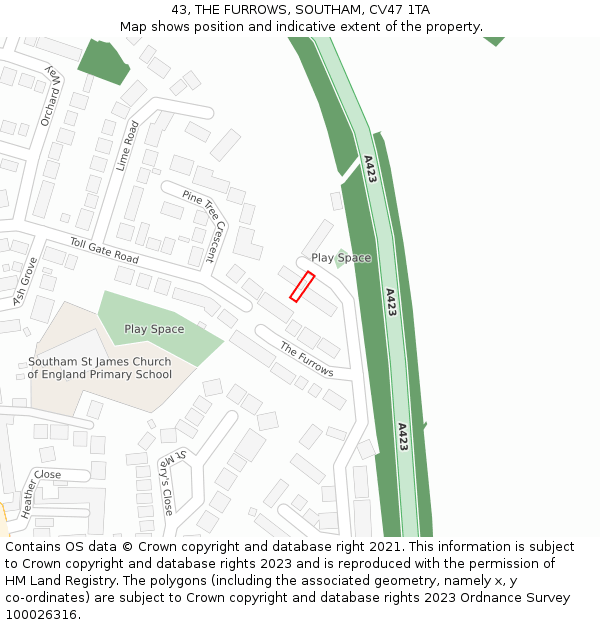 43, THE FURROWS, SOUTHAM, CV47 1TA: Location map and indicative extent of plot