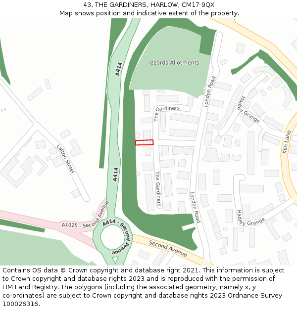 43, THE GARDINERS, HARLOW, CM17 9QX: Location map and indicative extent of plot