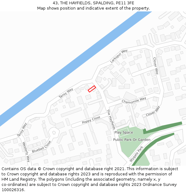 43, THE HAYFIELDS, SPALDING, PE11 3FE: Location map and indicative extent of plot