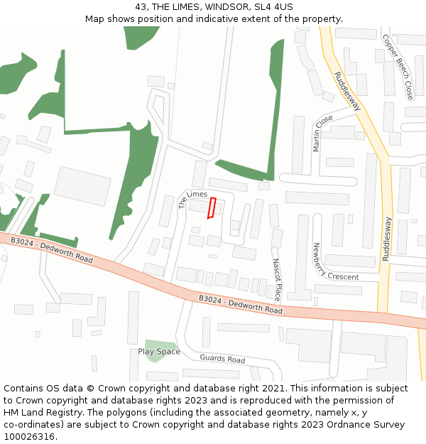 43, THE LIMES, WINDSOR, SL4 4US: Location map and indicative extent of plot