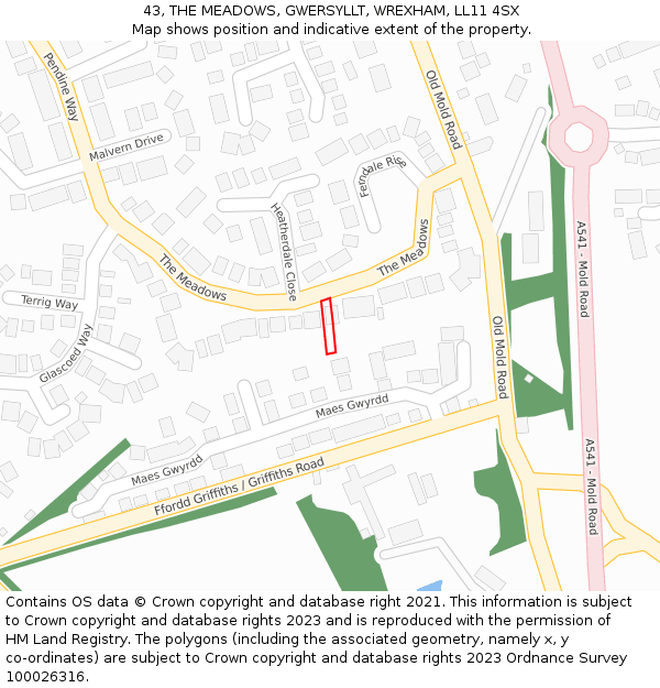 43, THE MEADOWS, GWERSYLLT, WREXHAM, LL11 4SX: Location map and indicative extent of plot