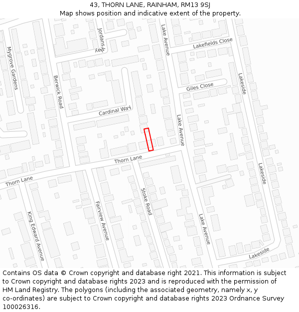 43, THORN LANE, RAINHAM, RM13 9SJ: Location map and indicative extent of plot