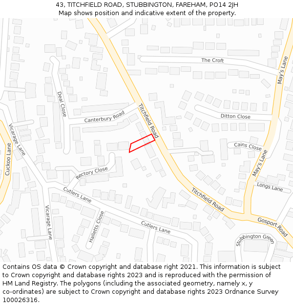 43, TITCHFIELD ROAD, STUBBINGTON, FAREHAM, PO14 2JH: Location map and indicative extent of plot