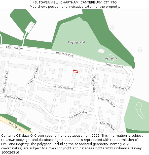 43, TOWER VIEW, CHARTHAM, CANTERBURY, CT4 7TQ: Location map and indicative extent of plot