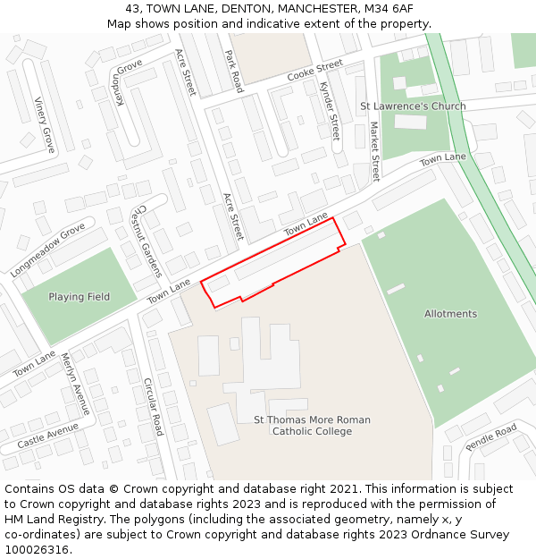 43, TOWN LANE, DENTON, MANCHESTER, M34 6AF: Location map and indicative extent of plot