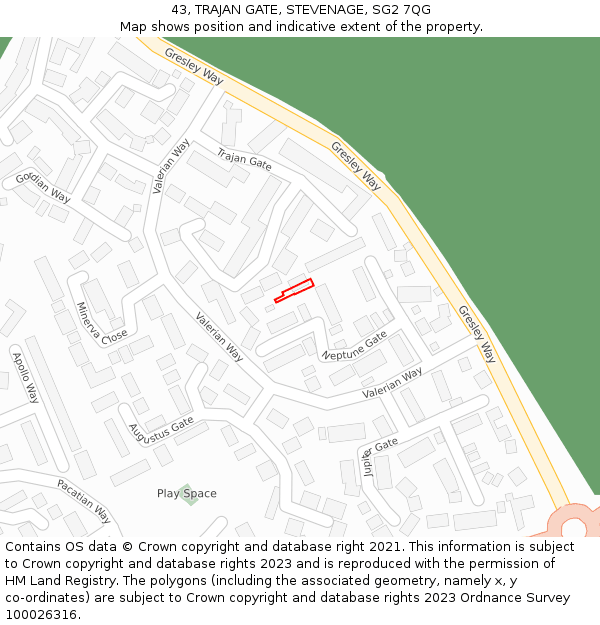 43, TRAJAN GATE, STEVENAGE, SG2 7QG: Location map and indicative extent of plot