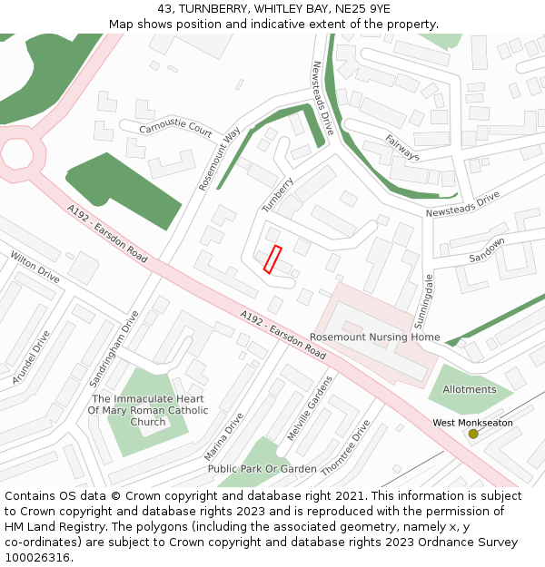 43, TURNBERRY, WHITLEY BAY, NE25 9YE: Location map and indicative extent of plot