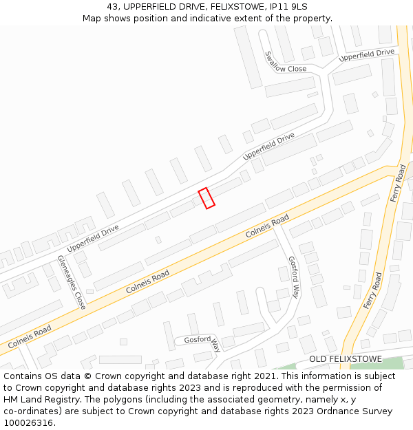 43, UPPERFIELD DRIVE, FELIXSTOWE, IP11 9LS: Location map and indicative extent of plot