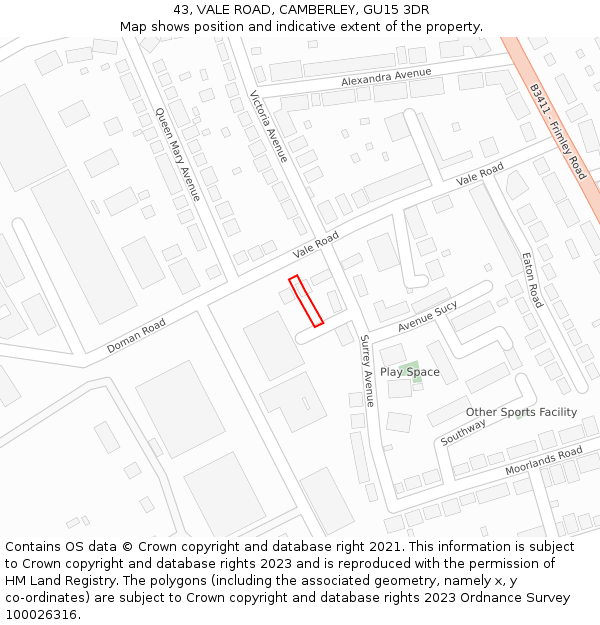 43, VALE ROAD, CAMBERLEY, GU15 3DR: Location map and indicative extent of plot