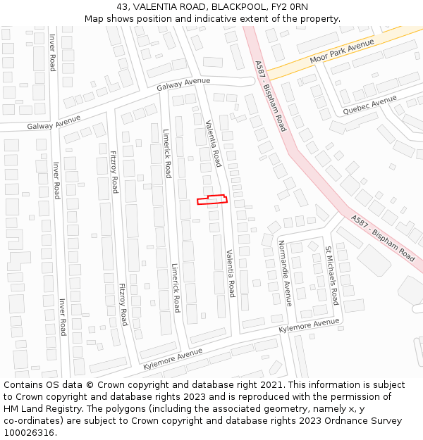 43, VALENTIA ROAD, BLACKPOOL, FY2 0RN: Location map and indicative extent of plot