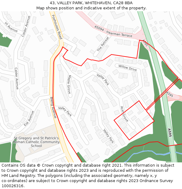 43, VALLEY PARK, WHITEHAVEN, CA28 8BA: Location map and indicative extent of plot