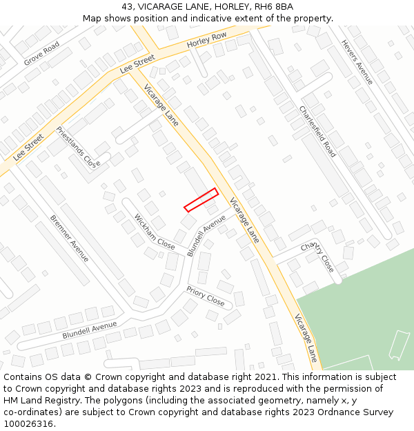 43, VICARAGE LANE, HORLEY, RH6 8BA: Location map and indicative extent of plot