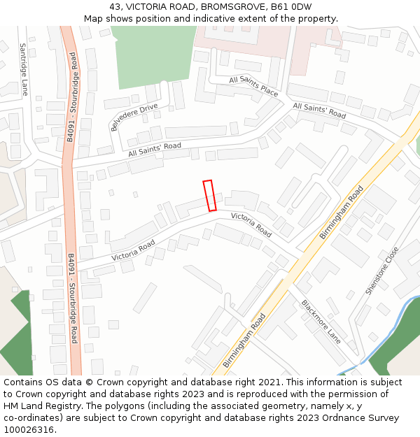 43, VICTORIA ROAD, BROMSGROVE, B61 0DW: Location map and indicative extent of plot