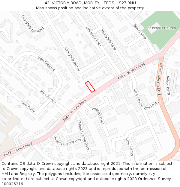 43, VICTORIA ROAD, MORLEY, LEEDS, LS27 9NU: Location map and indicative extent of plot