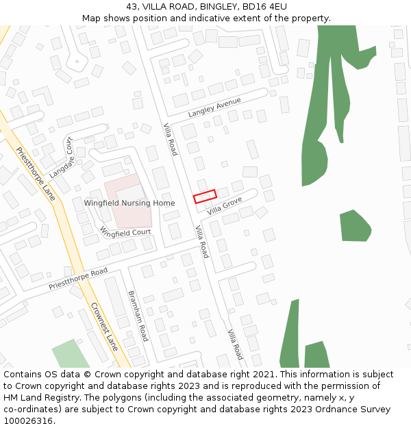 43, VILLA ROAD, BINGLEY, BD16 4EU: Location map and indicative extent of plot