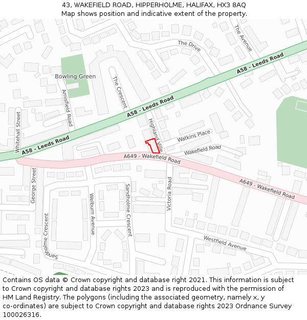 43, WAKEFIELD ROAD, HIPPERHOLME, HALIFAX, HX3 8AQ: Location map and indicative extent of plot