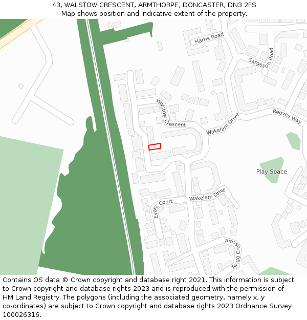 43, WALSTOW CRESCENT, ARMTHORPE, DONCASTER, DN3 2FS: Location map and indicative extent of plot