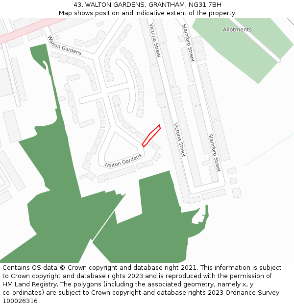 43, WALTON GARDENS, GRANTHAM, NG31 7BH: Location map and indicative extent of plot