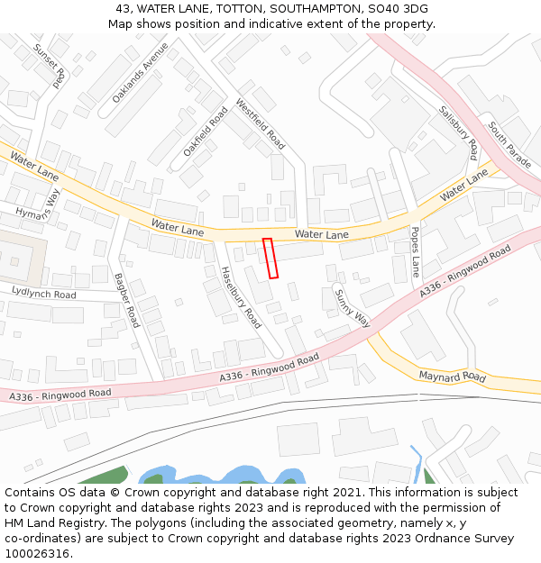 43, WATER LANE, TOTTON, SOUTHAMPTON, SO40 3DG: Location map and indicative extent of plot