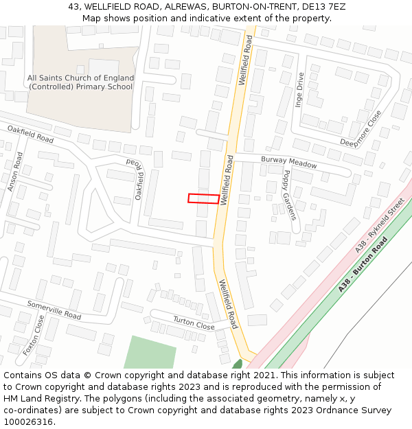 43, WELLFIELD ROAD, ALREWAS, BURTON-ON-TRENT, DE13 7EZ: Location map and indicative extent of plot