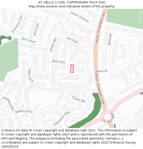 43, WELLS CLOSE, CHIPPENHAM, SN14 0QD: Location map and indicative extent of plot