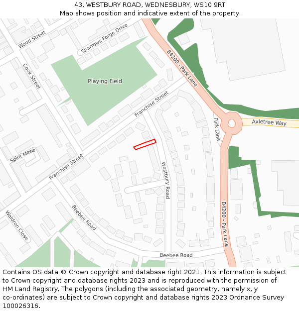 43, WESTBURY ROAD, WEDNESBURY, WS10 9RT: Location map and indicative extent of plot