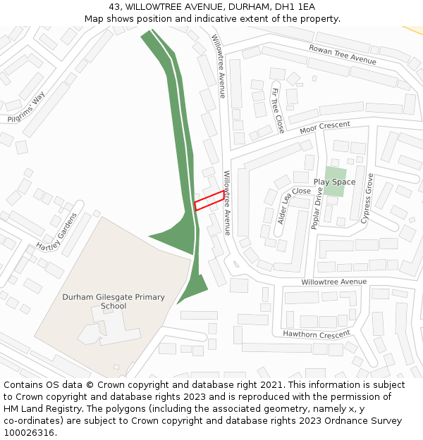 43, WILLOWTREE AVENUE, DURHAM, DH1 1EA: Location map and indicative extent of plot