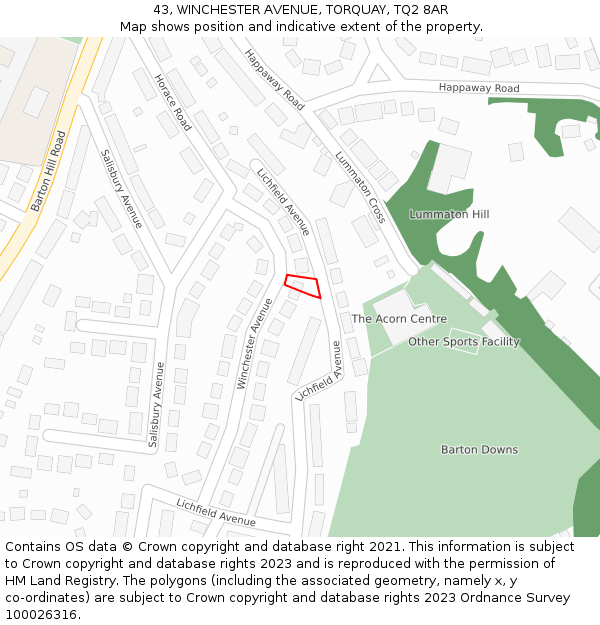 43, WINCHESTER AVENUE, TORQUAY, TQ2 8AR: Location map and indicative extent of plot