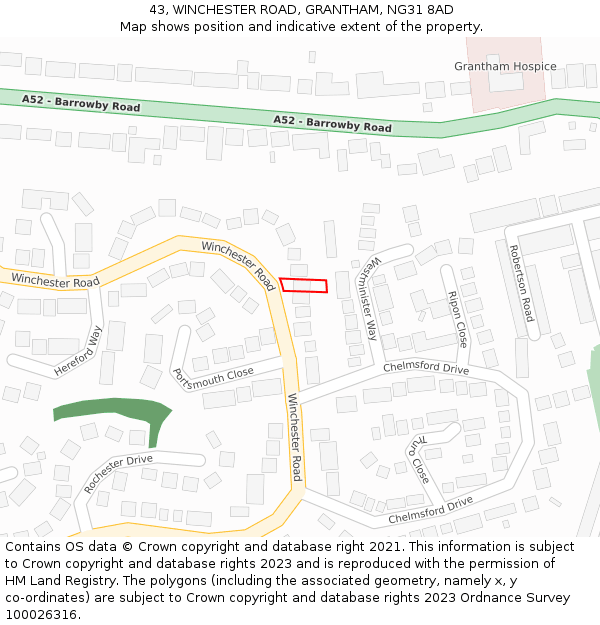 43, WINCHESTER ROAD, GRANTHAM, NG31 8AD: Location map and indicative extent of plot