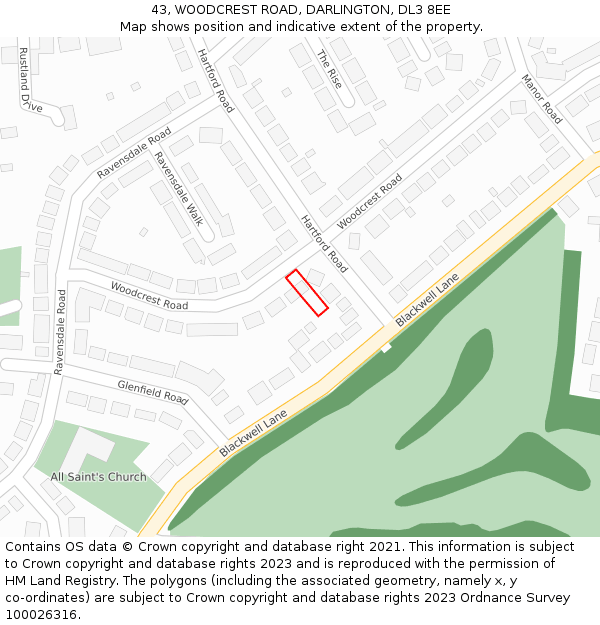 43, WOODCREST ROAD, DARLINGTON, DL3 8EE: Location map and indicative extent of plot