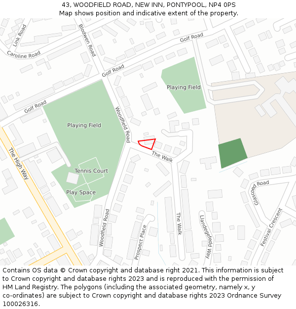 43, WOODFIELD ROAD, NEW INN, PONTYPOOL, NP4 0PS: Location map and indicative extent of plot