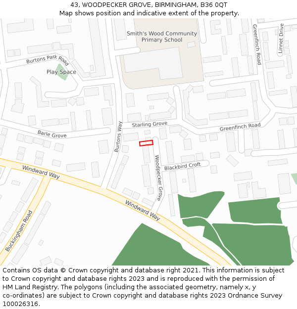 43, WOODPECKER GROVE, BIRMINGHAM, B36 0QT: Location map and indicative extent of plot