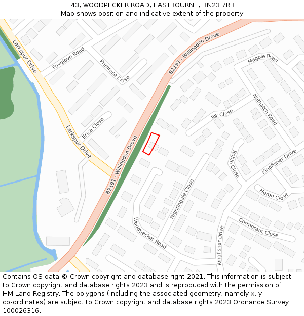 43, WOODPECKER ROAD, EASTBOURNE, BN23 7RB: Location map and indicative extent of plot