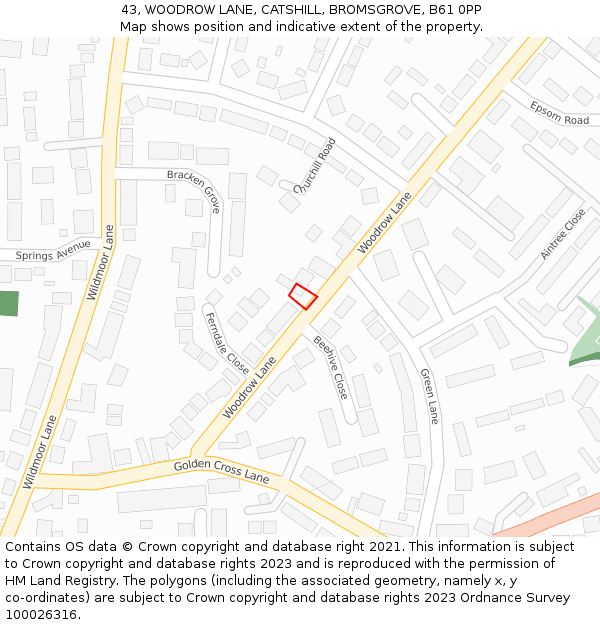 43, WOODROW LANE, CATSHILL, BROMSGROVE, B61 0PP: Location map and indicative extent of plot