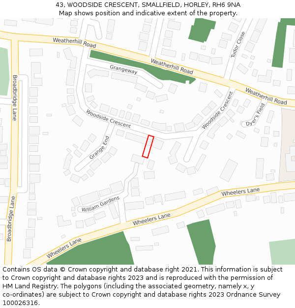 43, WOODSIDE CRESCENT, SMALLFIELD, HORLEY, RH6 9NA: Location map and indicative extent of plot