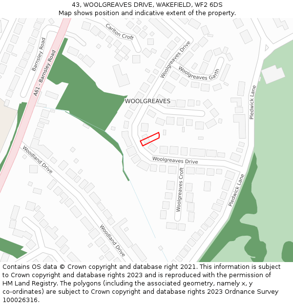 43, WOOLGREAVES DRIVE, WAKEFIELD, WF2 6DS: Location map and indicative extent of plot