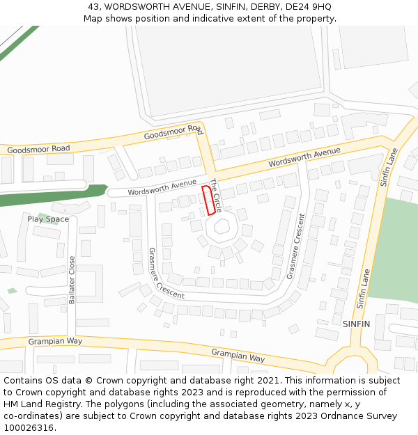 43, WORDSWORTH AVENUE, SINFIN, DERBY, DE24 9HQ: Location map and indicative extent of plot