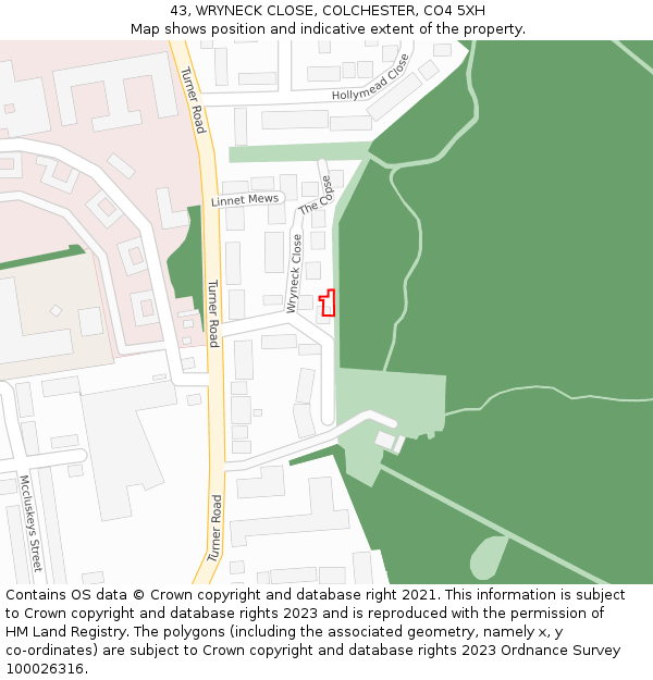 43, WRYNECK CLOSE, COLCHESTER, CO4 5XH: Location map and indicative extent of plot