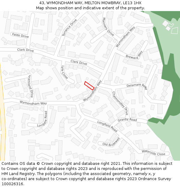 43, WYMONDHAM WAY, MELTON MOWBRAY, LE13 1HX: Location map and indicative extent of plot